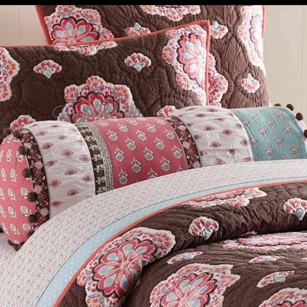 Pottery Barn Brooklyn Quilted Euro Pillow Sham Brown Pink Boho NEW Square